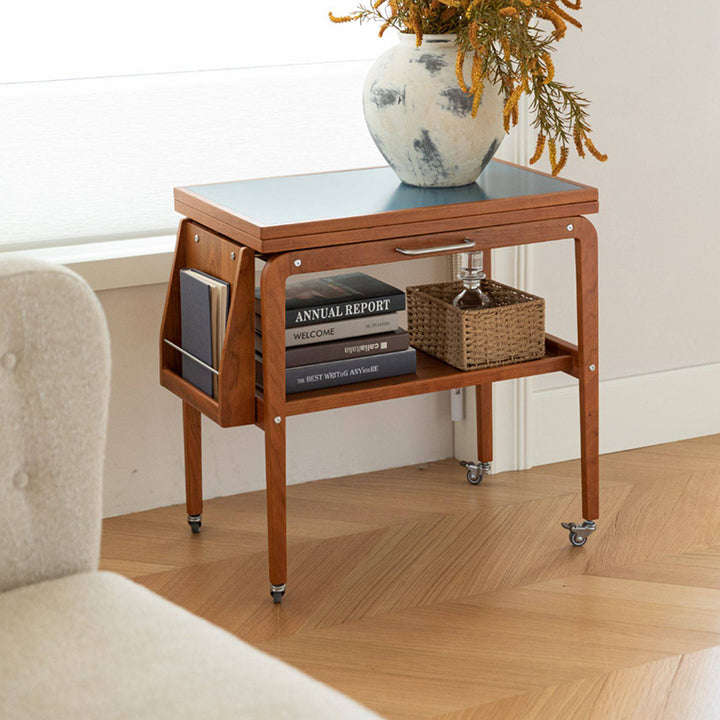 Table basse contemporaine scandinave rectangulaire en bois de cerisier, contreplaqué et acier inoxydable, mobile et extensible, à deux niveaux, pour salon 