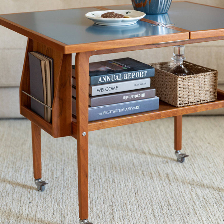 Table basse contemporaine scandinave rectangulaire en bois de cerisier, contreplaqué et acier inoxydable, mobile et extensible, à deux niveaux, pour salon 