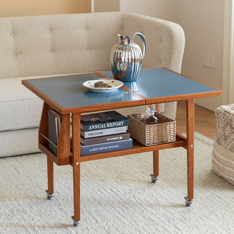 Table basse contemporaine scandinave rectangulaire en bois de cerisier, contreplaqué et acier inoxydable, mobile et extensible, à deux niveaux, pour salon 