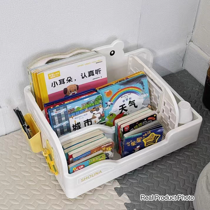Bibliothèque de bureau légère pour enfants en plastique PP minimaliste moderne, en forme de trapèze et de ours cartoon, à 2 compartiments, pour l’étude 