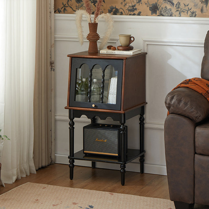 Traditional French Ash Wood Glass Trapezoidal Storage Cabinet 3-Tier For Living Room