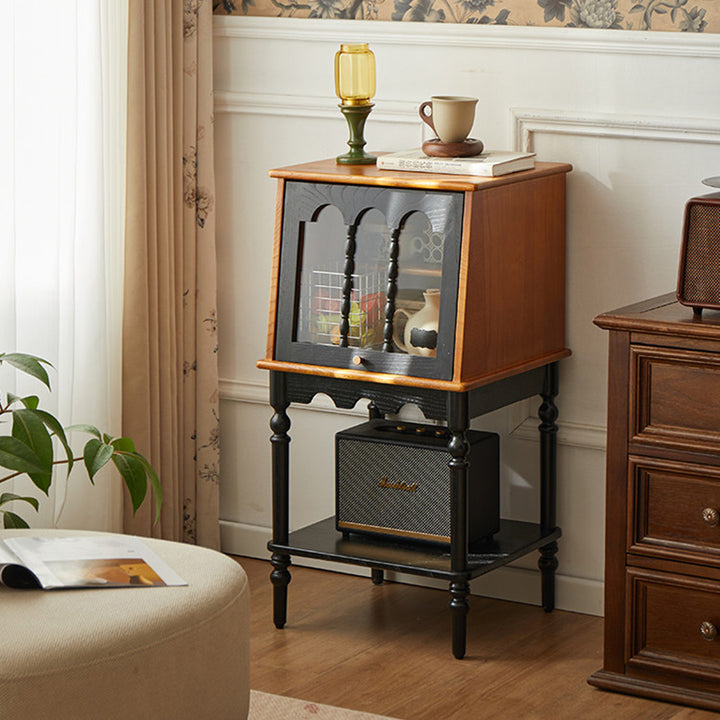 Traditional French Ash Wood Glass Trapezoidal Storage Cabinet 3-Tier For Living Room