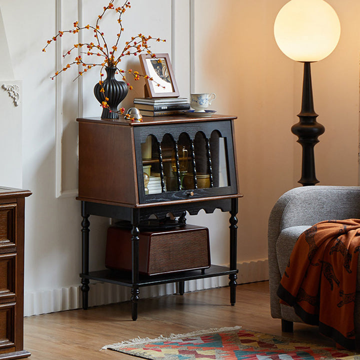 Traditional French Ash Wood Glass Trapezoidal Storage Cabinet 3-Tier For Living Room