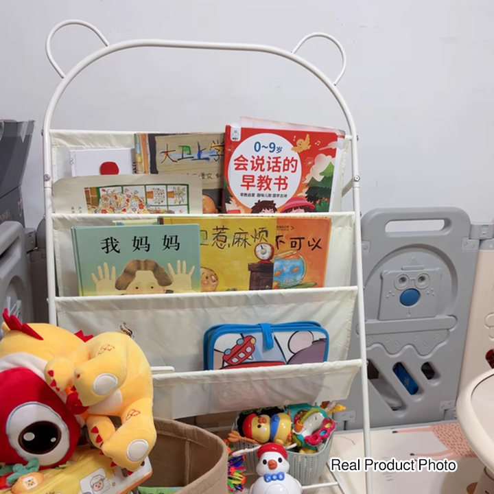Estantería ligera de 4 niveles para niños con diseño de oso de línea de dibujos animados de tela de poliéster y hierro de simplicidad moderna para estudio 