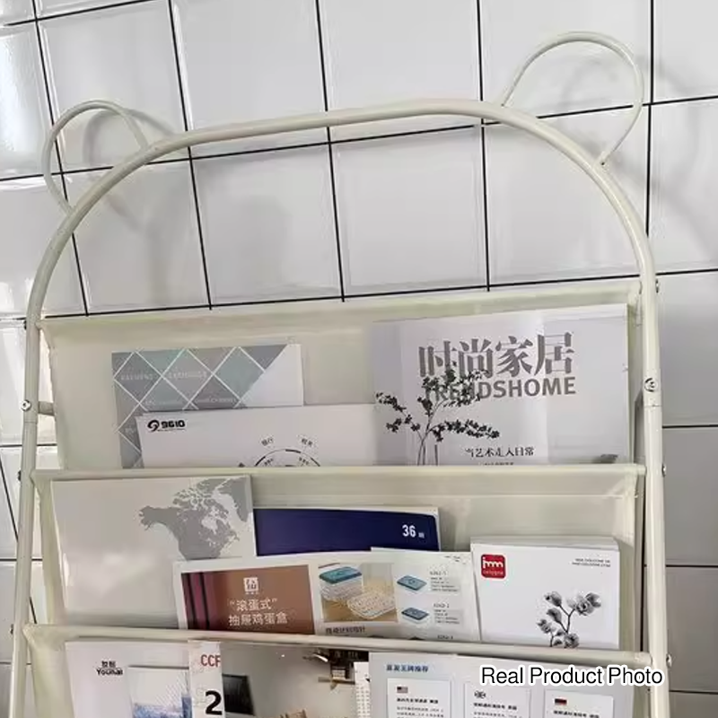 Estantería ligera de 4 niveles para niños con diseño de oso de línea de dibujos animados de tela de poliéster y hierro de simplicidad moderna para estudio 
