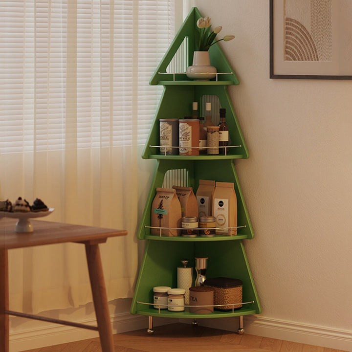 Contemporary Creative Christmas Tree Solid Wood Stainless Steel Space-Saving Corner Storage Shelf 4-Layer For Living Room & Study