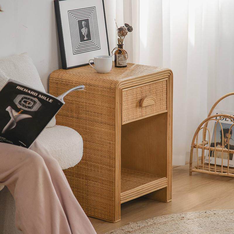 Traditioneller rustikaler Nachttisch aus Kiefernholz, Sperrholz und Rattangeflecht, rechteckig, leicht, mit 1 Schublade, für das Schlafzimmer 