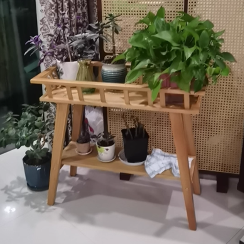 Traditionelles rustikales trapezförmiges Pflanzenregal aus Kiefernholz, 2-stufig, leicht, für den Garten 