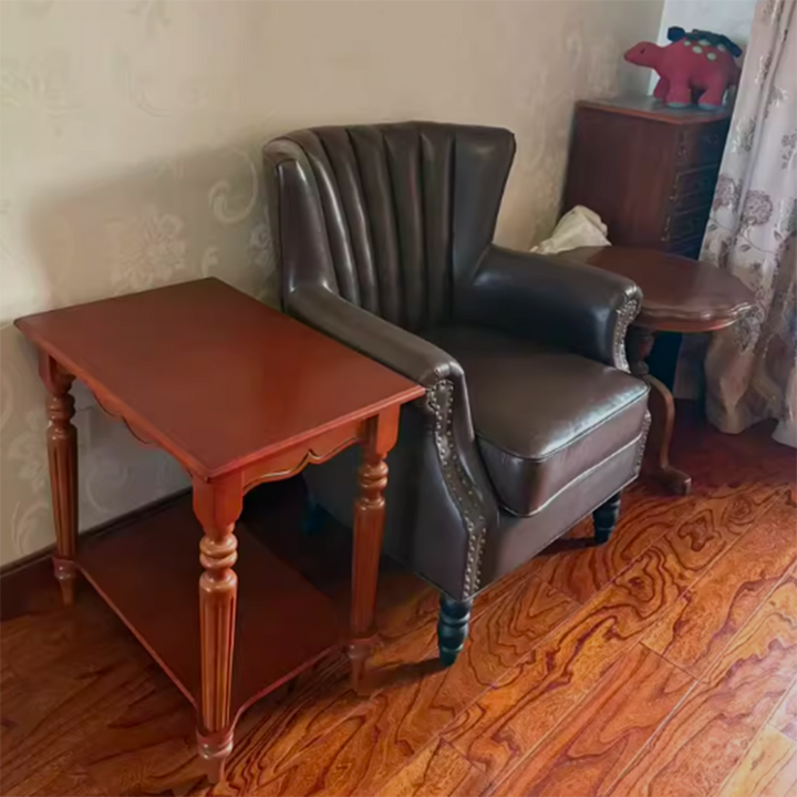 Traditional Chinese Carved Wavy Edge Rectangular MDF Rubberwood End Table 2-Tier For Living Room
