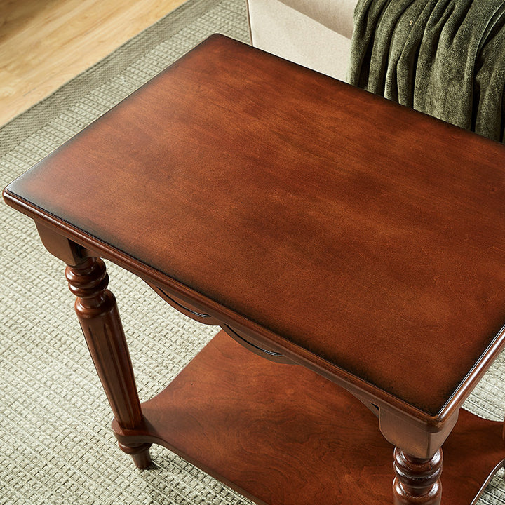 Traditional Chinese Carved Wavy Edge Rectangular MDF Rubberwood End Table 2-Tier For Living Room