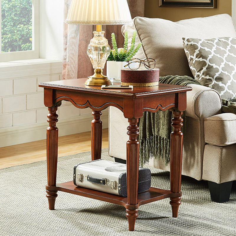 Traditional Chinese Carved Wavy Edge Rectangular MDF Rubberwood End Table 2-Tier For Living Room