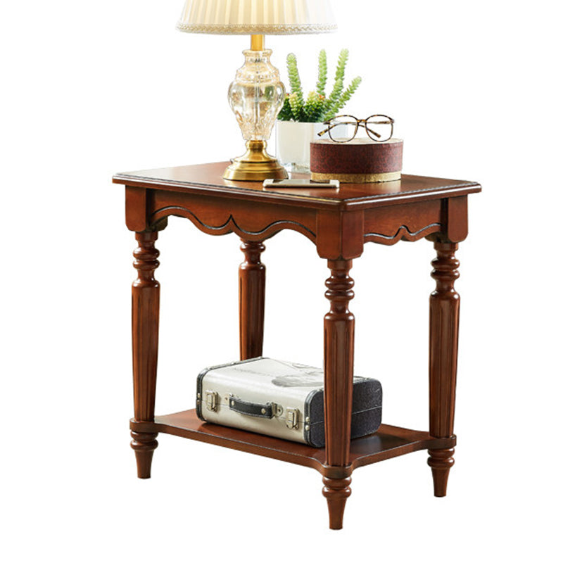 Traditional Chinese Carved Wavy Edge Rectangular MDF Rubberwood End Table 2-Tier For Living Room