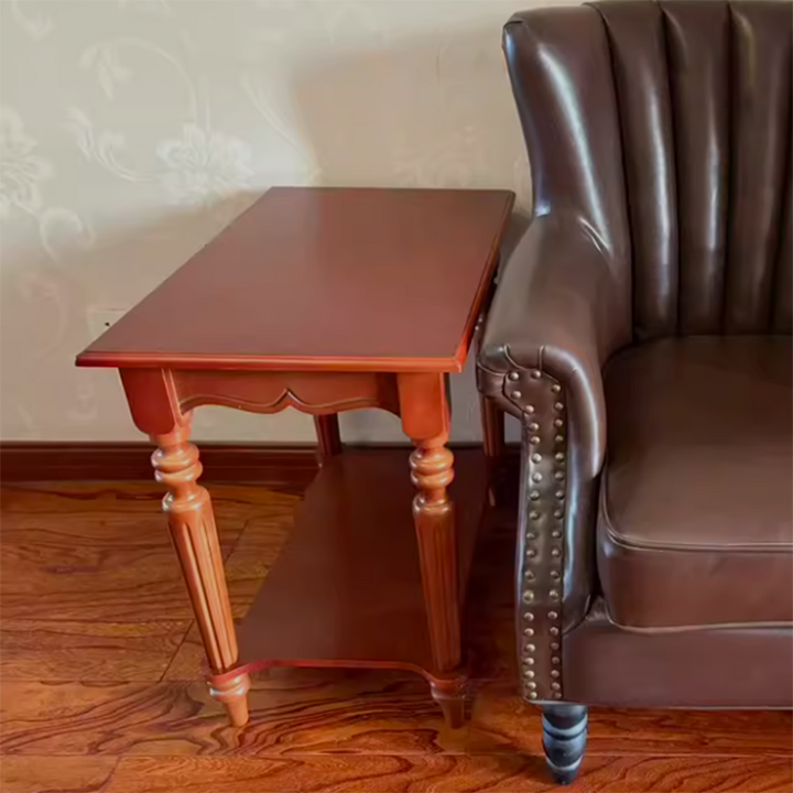 Traditional Chinese Carved Wavy Edge Rectangular MDF Rubberwood End Table 2-Tier For Living Room