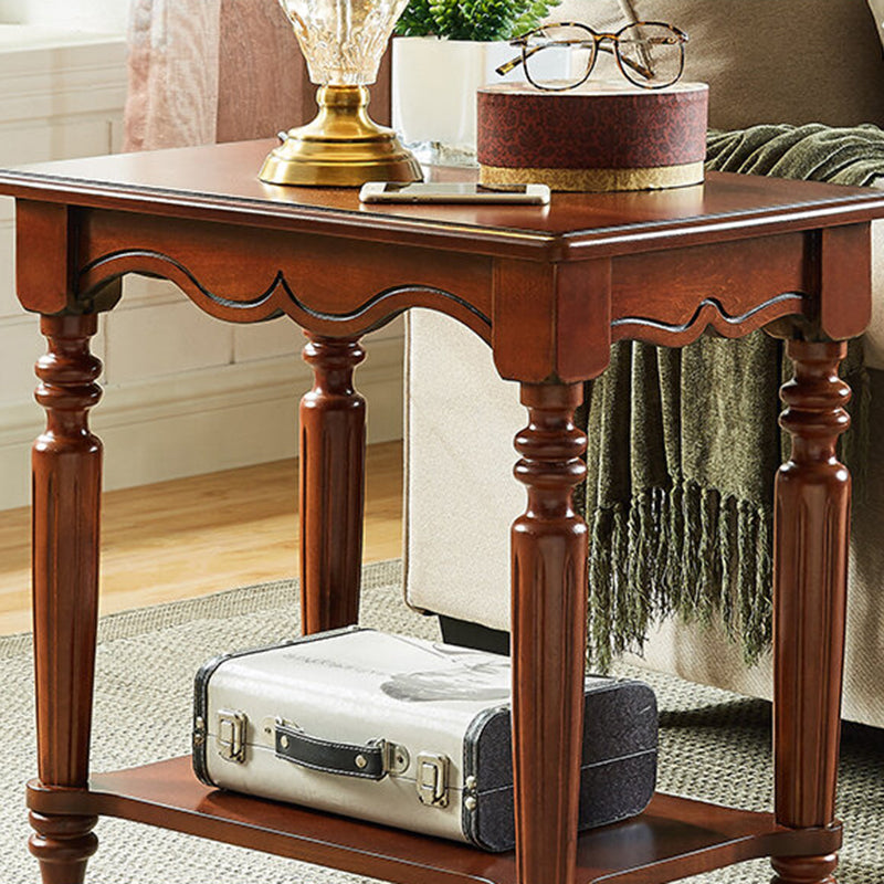 Traditional Chinese Carved Wavy Edge Rectangular MDF Rubberwood End Table 2-Tier For Living Room