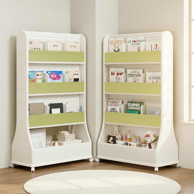 Moderner minimalistischer, umweltfreundlicher, beweglicher 3-stöckiger Bücherregal aus HDPE mit gebogener Kante in rechteckiger Form für das Arbeitszimmer 