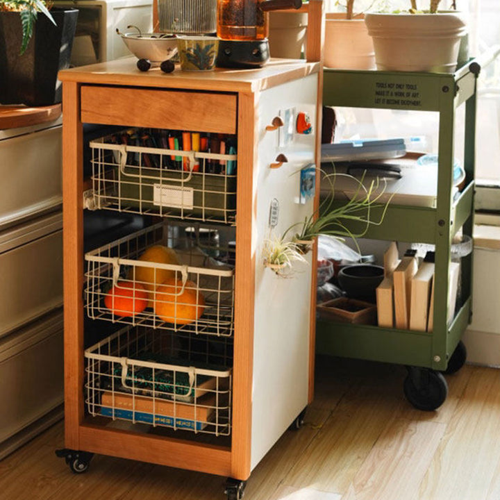 Traditional Japanese Rubberwood Iron Plate Rectangular Movable Storage Cabinet 3-Basket For Living Room & Dining Room