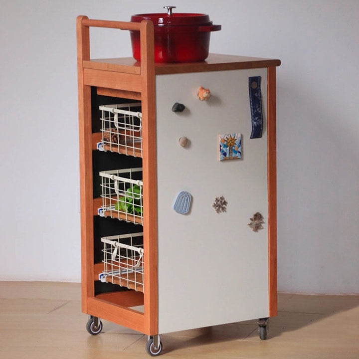Traditional Japanese Rubberwood Iron Plate Rectangular Movable Storage Cabinet 3-Basket For Living Room & Dining Room