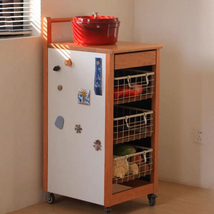 Traditional Japanese Rubberwood Iron Plate Rectangular Movable Storage Cabinet 3-Basket For Living Room & Dining Room