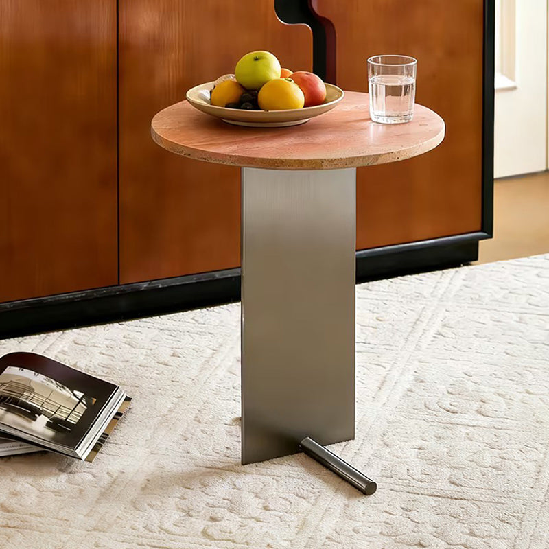 Contemporary Industrial Natural Travertine Stainless Steel Round Side Table 1-Tier For Living Room