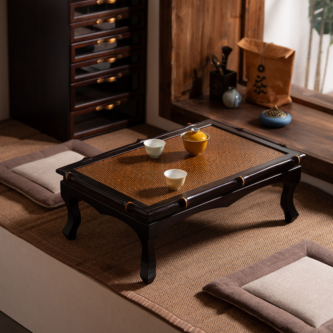 Traditionelle chinesische rechteckige handgewebte Bambus-Webmatte als Kaffeetisch, 1-stufig, für das Wohnzimmer 