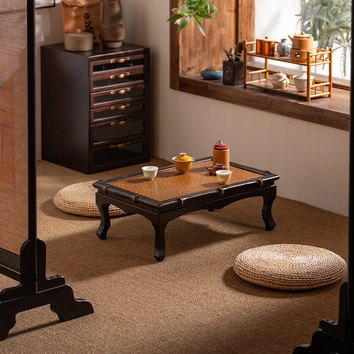 Traditionelle chinesische rechteckige handgewebte Bambus-Webmatte als Kaffeetisch, 1-stufig, für das Wohnzimmer 