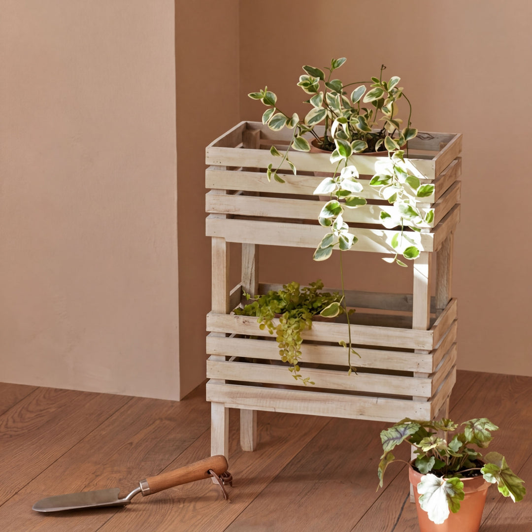Traditional Rustic Pine Wood Rectangular Indoor Flower Storage Shelf 1/2/3-Tier For Balcony &amp; Living Room