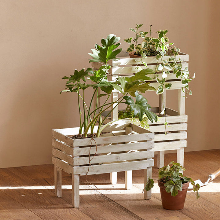 Traditional Rustic Pine Wood Rectangular Indoor Flower Storage Shelf 1/2/3-Tier For Balcony &amp; Living Room