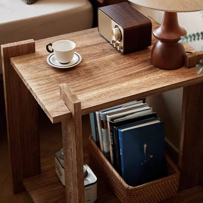 Mesa auxiliar portátil rectangular de madera de paulownia de estilo shabby chic moderno, de 2 niveles, para sala de estar y dormitorio 