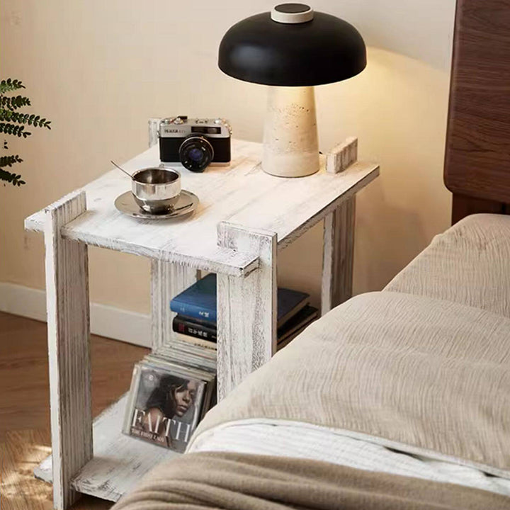 Mesa auxiliar portátil rectangular de madera de paulownia de estilo shabby chic moderno, de 2 niveles, para sala de estar y dormitorio 