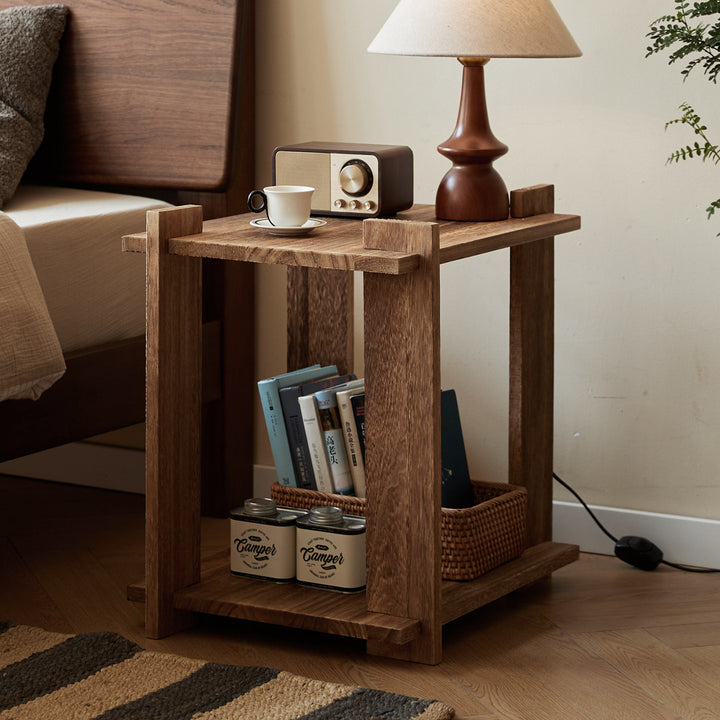 Mesa auxiliar portátil rectangular de madera de paulownia de estilo shabby chic moderno, de 2 niveles, para sala de estar y dormitorio 