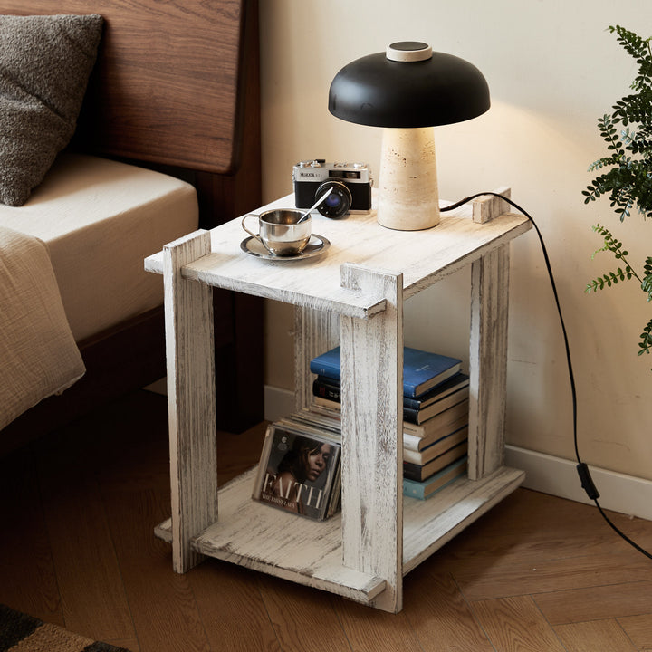 Mesa auxiliar portátil rectangular de madera de paulownia de estilo shabby chic moderno, de 2 niveles, para sala de estar y dormitorio 
