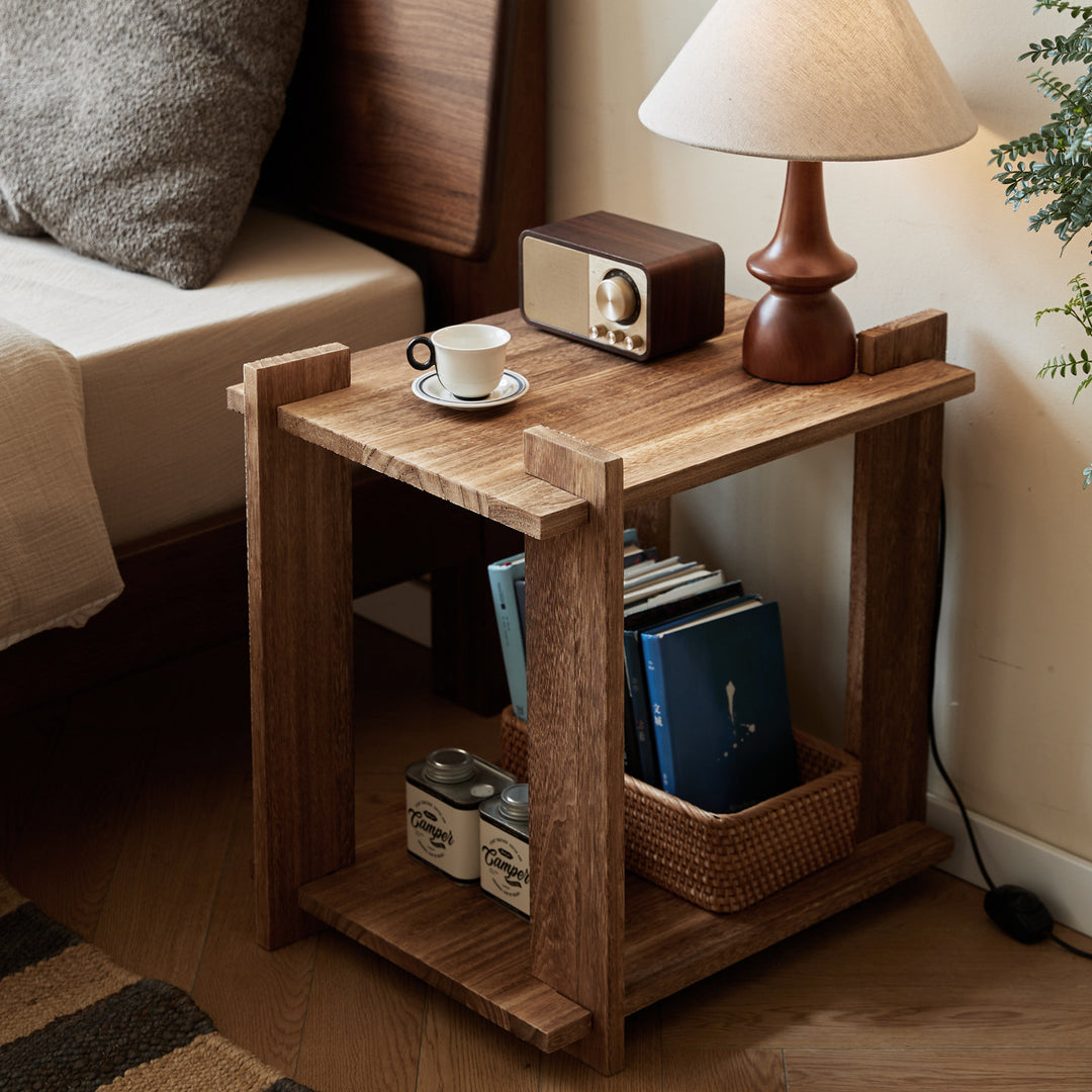 Mesa auxiliar portátil rectangular de madera de paulownia de estilo shabby chic moderno, de 2 niveles, para sala de estar y dormitorio 