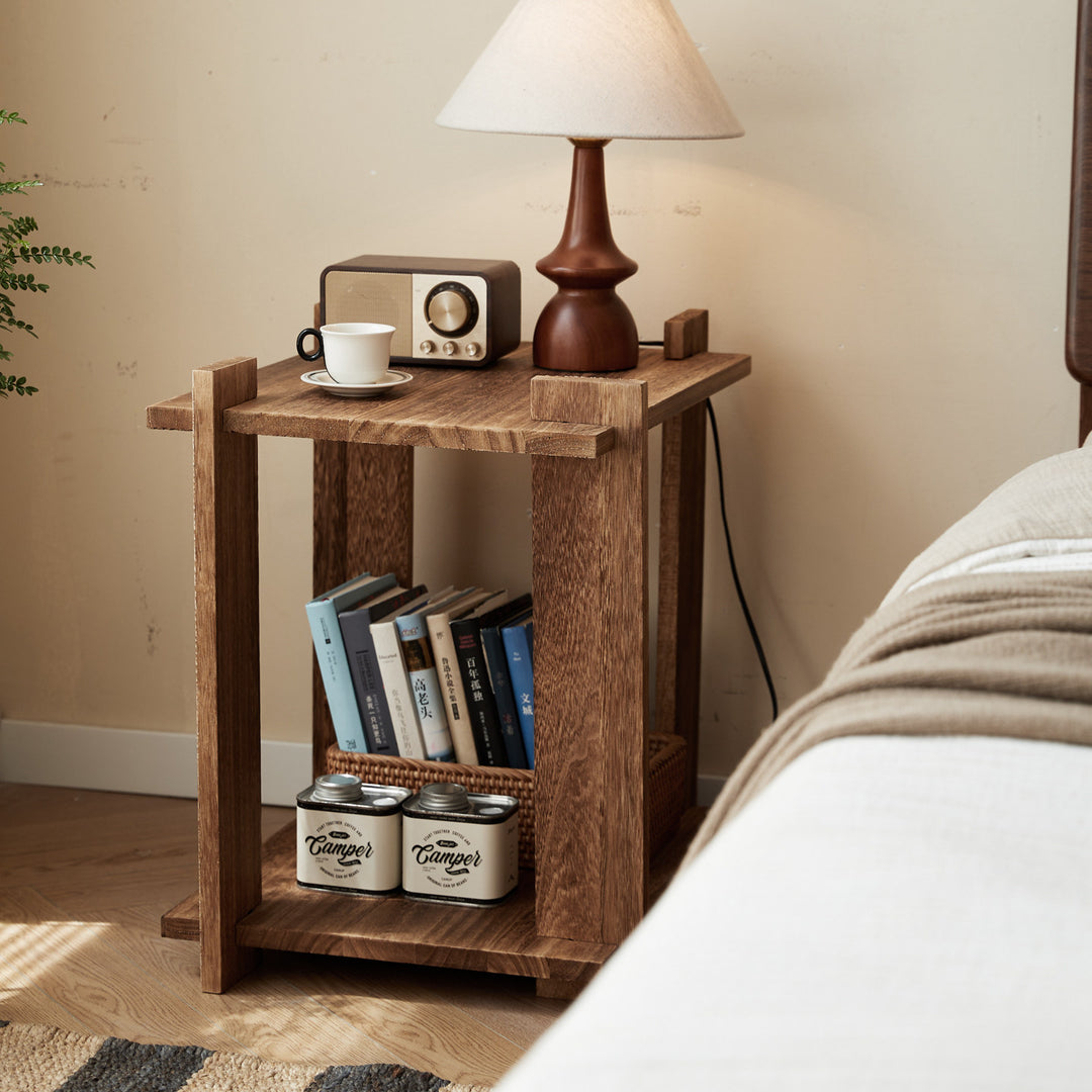 Mesa auxiliar portátil rectangular de madera de paulownia de estilo shabby chic moderno, de 2 niveles, para sala de estar y dormitorio 