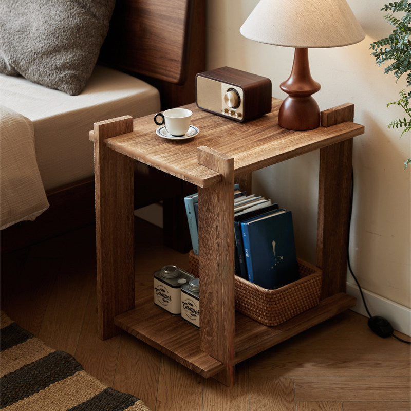 Mesa auxiliar portátil rectangular de madera de paulownia de estilo shabby chic moderno, de 2 niveles, para sala de estar y dormitorio 