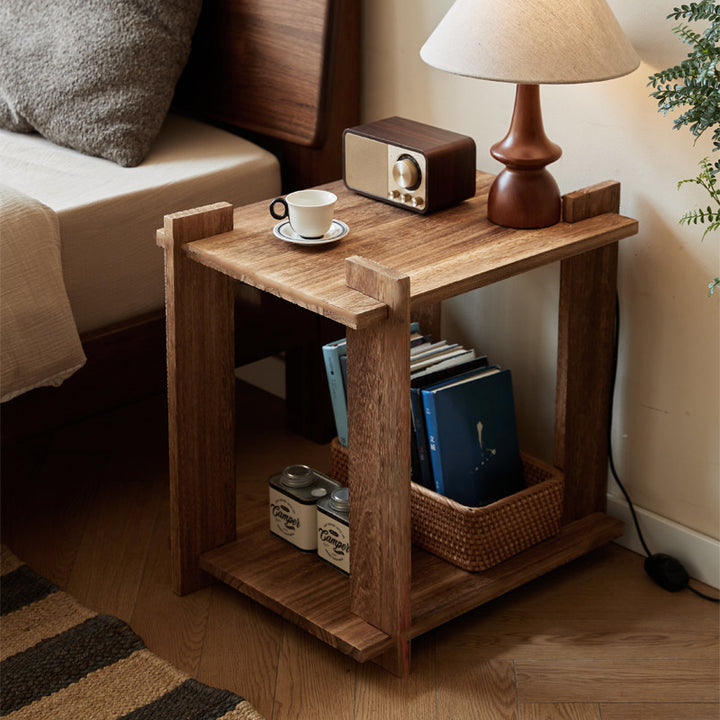 Mesa auxiliar portátil rectangular de madera de paulownia de estilo shabby chic moderno, de 2 niveles, para sala de estar y dormitorio 