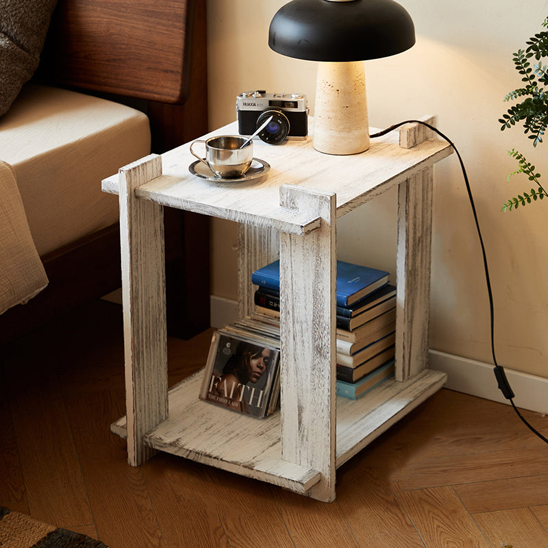 Mesa auxiliar portátil rectangular de madera de paulownia de estilo shabby chic moderno, de 2 niveles, para sala de estar y dormitorio 