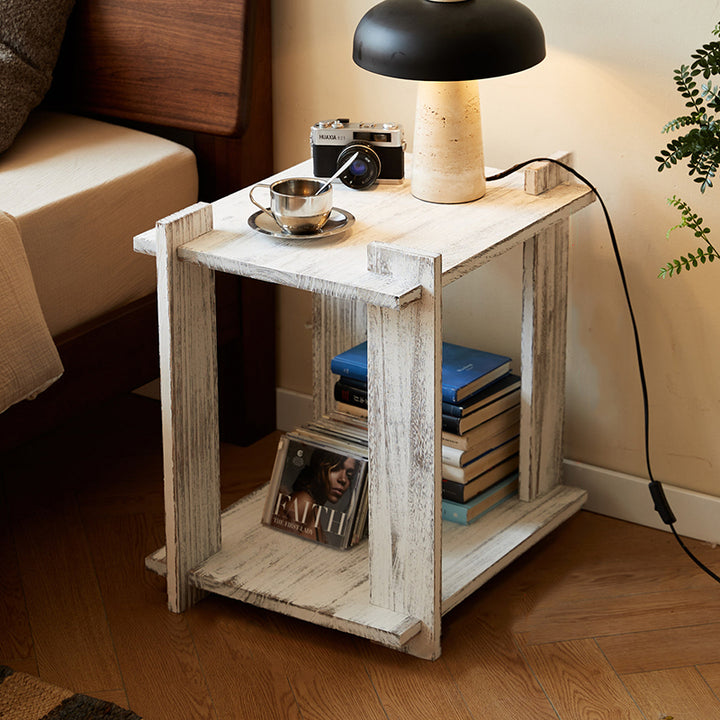 Mesa auxiliar portátil rectangular de madera de paulownia de estilo shabby chic moderno, de 2 niveles, para sala de estar y dormitorio 