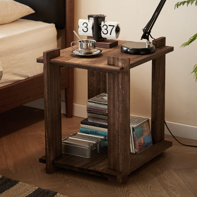 Mesa auxiliar portátil rectangular de madera de paulownia de estilo shabby chic moderno, de 2 niveles, para sala de estar y dormitorio 