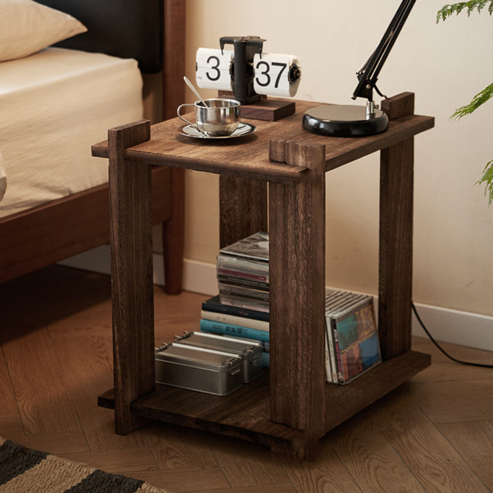 Mesa auxiliar portátil rectangular de madera de paulownia de estilo shabby chic moderno, de 2 niveles, para sala de estar y dormitorio 