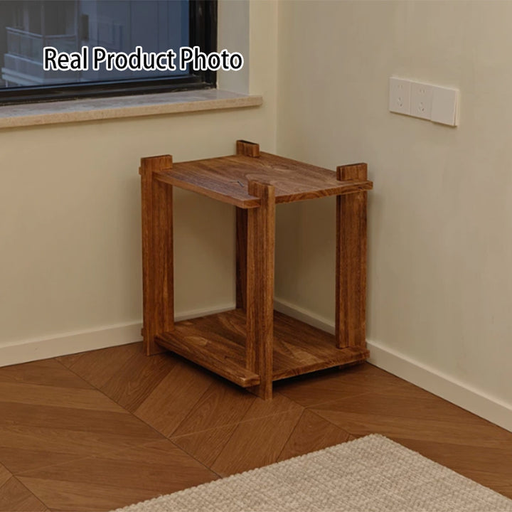 Mesa auxiliar portátil rectangular de madera de paulownia de estilo shabby chic moderno, de 2 niveles, para sala de estar y dormitorio 