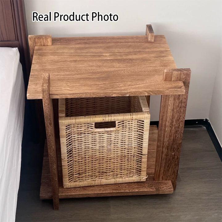 Mesa auxiliar portátil rectangular de madera de paulownia de estilo shabby chic moderno, de 2 niveles, para sala de estar y dormitorio 