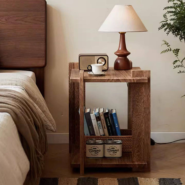 Mesa auxiliar portátil rectangular de madera de paulownia de estilo shabby chic moderno, de 2 niveles, para sala de estar y dormitorio 
