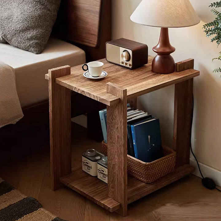 Mesa auxiliar portátil rectangular de madera de paulownia de estilo shabby chic moderno, de 2 niveles, para sala de estar y dormitorio 
