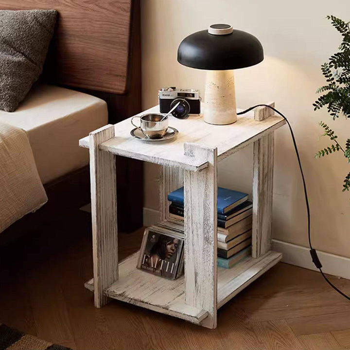 Mesa auxiliar portátil rectangular de madera de paulownia de estilo shabby chic moderno, de 2 niveles, para sala de estar y dormitorio 