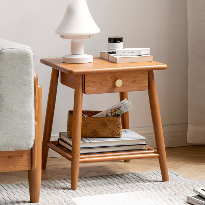 Traditioneller rustikaler Trapez-Beistelltisch aus Kirschholz und Paulownia-Holz, stabil, mit 1 Schublade für Wohnzimmer und Schlafzimmer 
