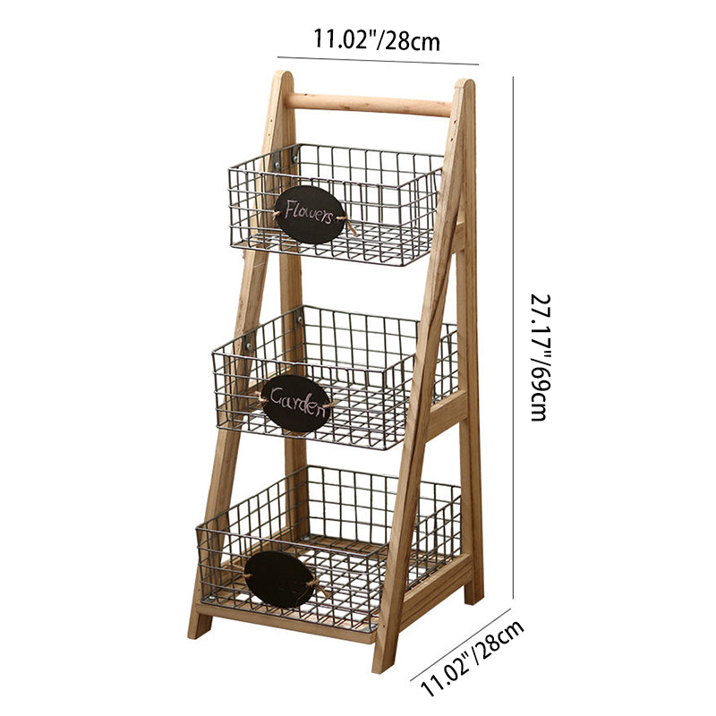 Modern Minimalist Iron Fir Wood Triangular Storage Shelf 3-Basket For Living Room