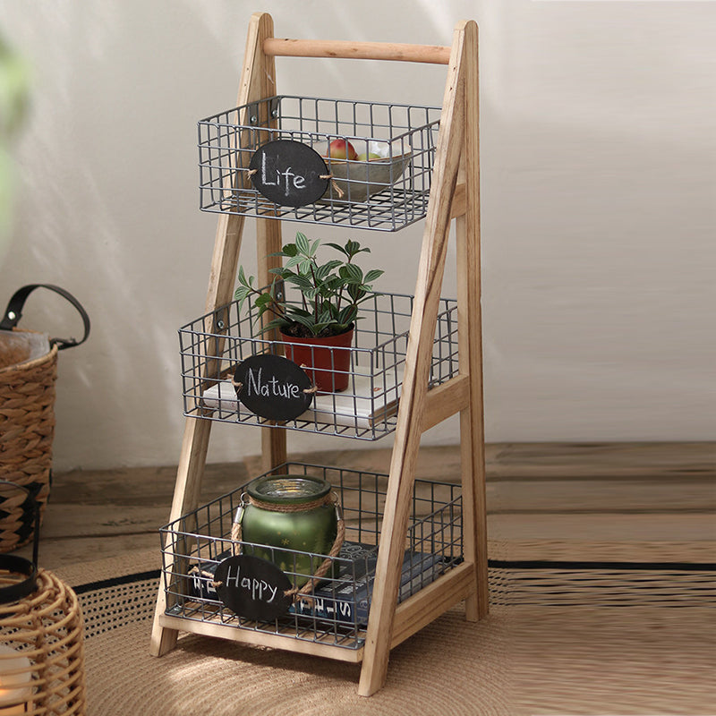 Modern Minimalist Iron Fir Wood Triangular Storage Shelf 3-Basket For Living Room