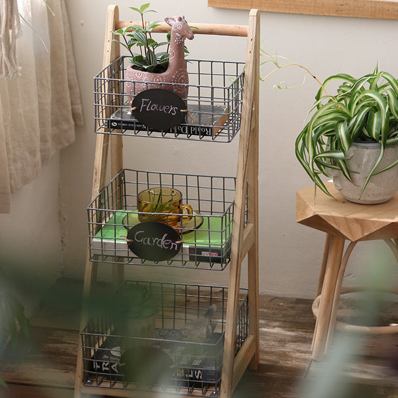 Modern Minimalist Iron Fir Wood Triangular Storage Shelf 3-Basket For Living Room