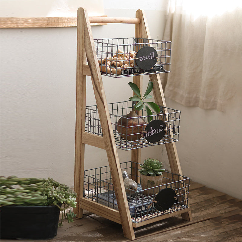 Modern Minimalist Iron Fir Wood Triangular Storage Shelf 3-Basket For Living Room