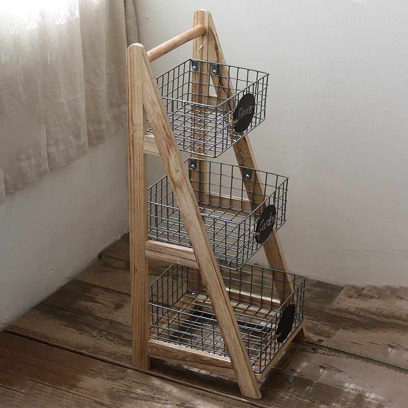 Modern Minimalist Iron Fir Wood Triangular Storage Shelf 3-Basket For Living Room